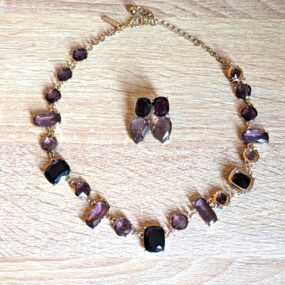 WHBM Amethyst Purple and Gold Necklace and Earring Set